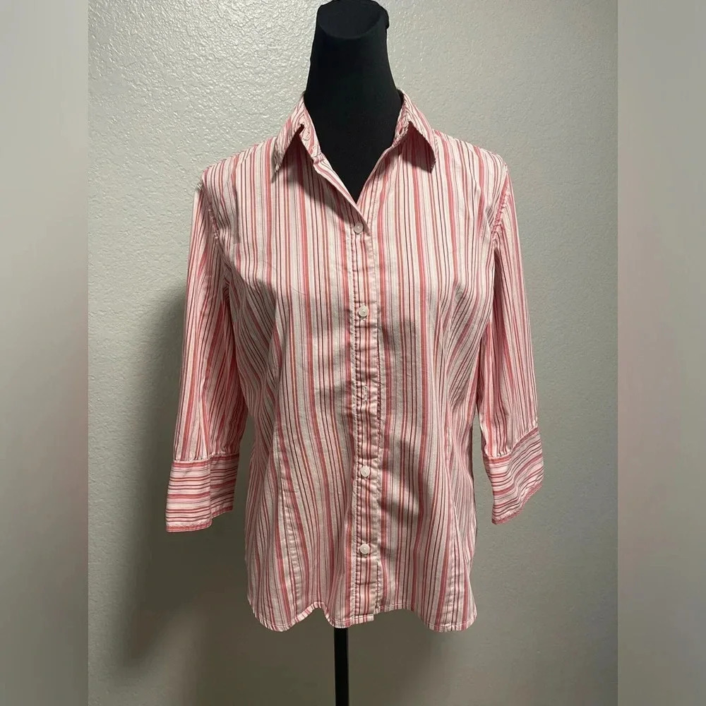 Chico's Pink Striped Button Down Quarter Sleeve Shirt Size 1